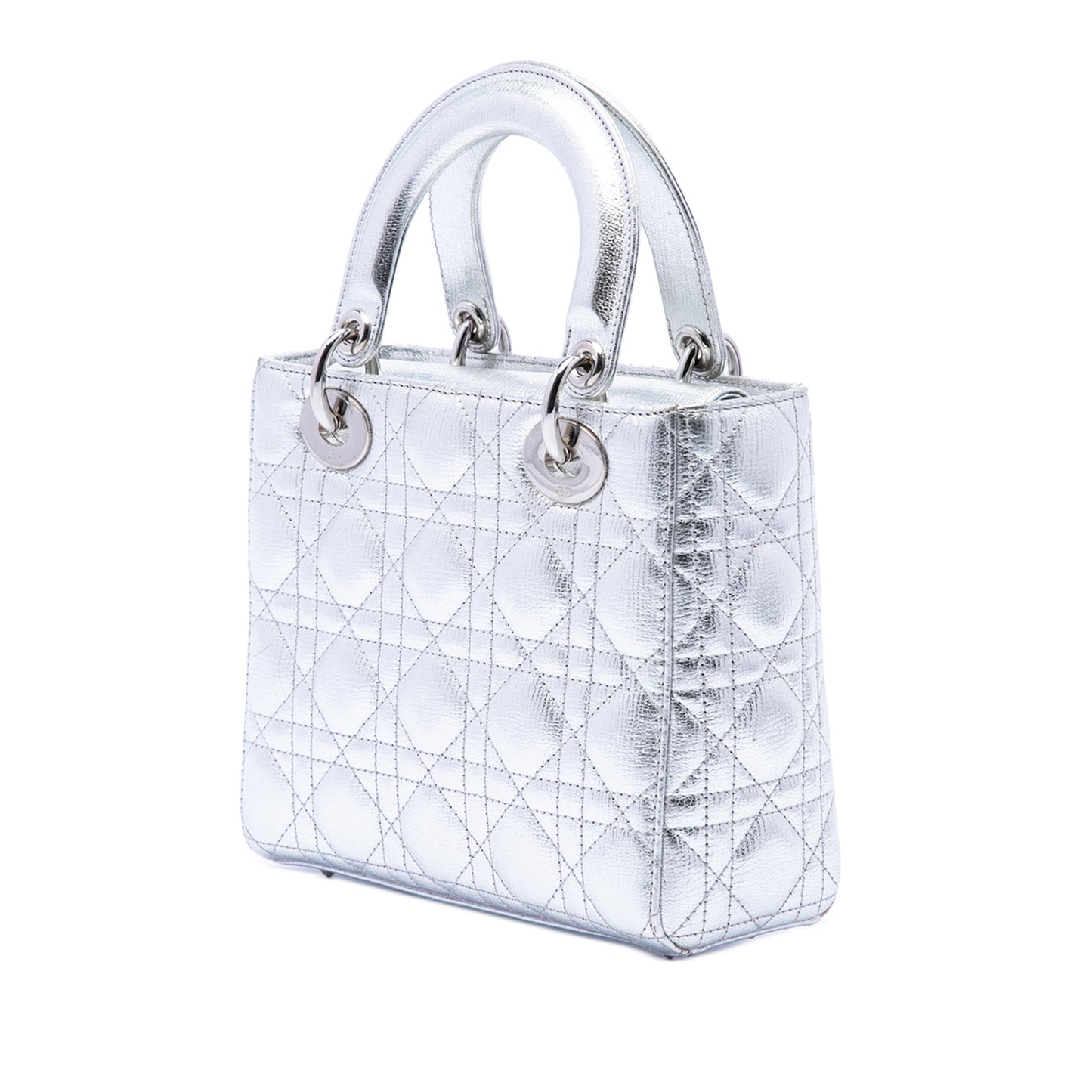 Second hand Dior Lady Dior Small Grained Calfskin Leather My ABCDior Cannage Tote Handbag Silver - Tabita Bags