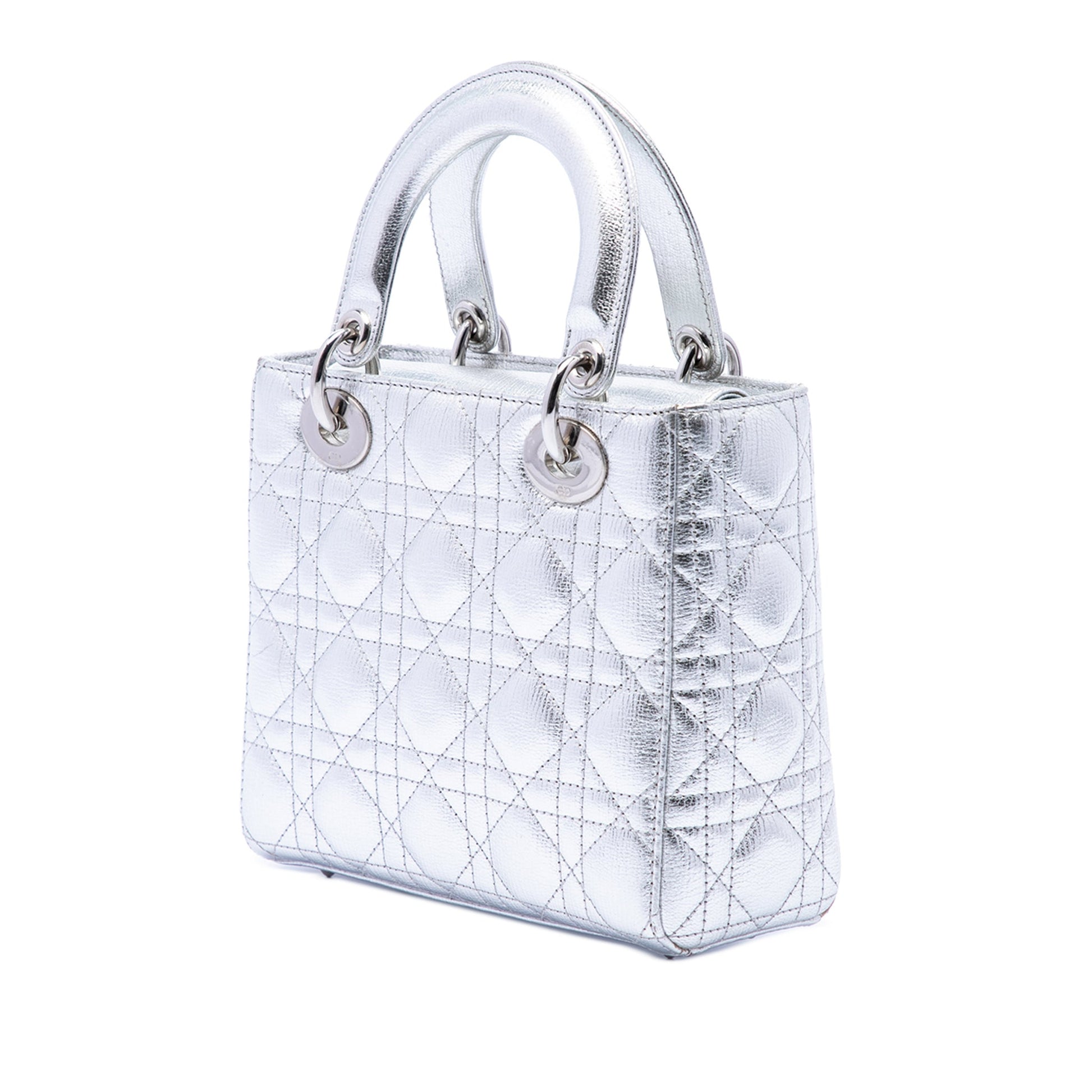 Second hand Dior Lady Dior Small Grained Calfskin Leather My ABCDior Cannage Tote Handbag Silver - Tabita Bags