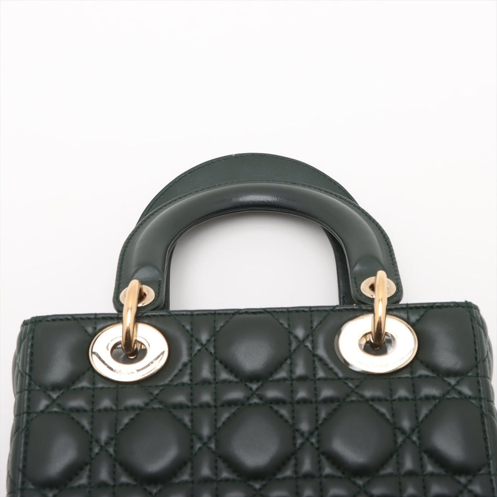 Second hand Dior Lady Dior Small Lambskin Leather Cannage No Strap Tote Handbag Military Green - Tabita Bags