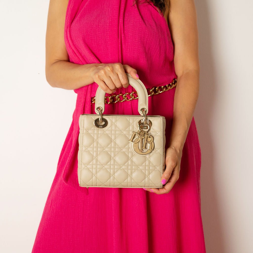 Second hand Dior Lady Dior Small Lambskin Leather My ABCDior Cannage Tote Handbag Beige - Tabita Bags