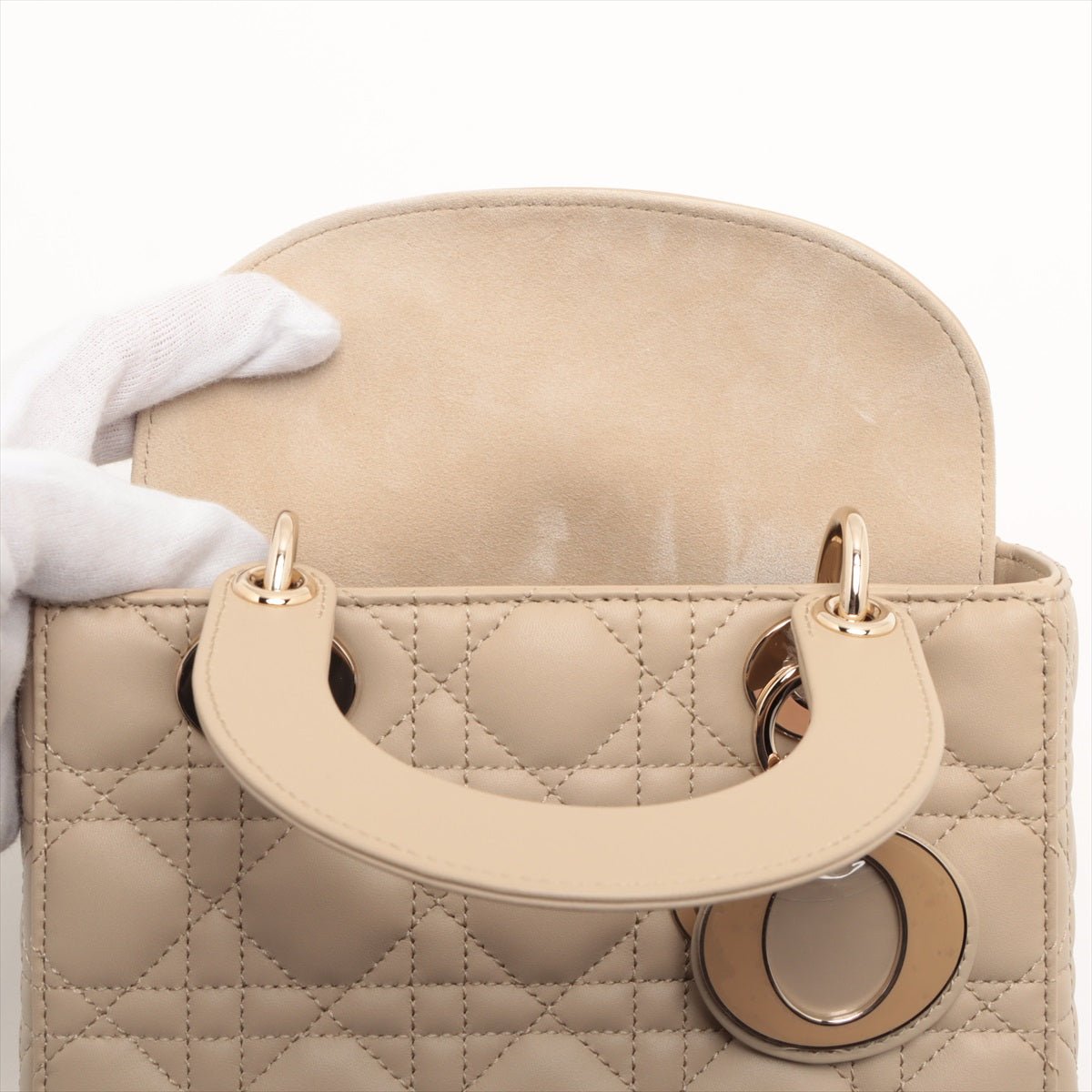 Second hand Dior Lady Dior Small Lambskin Leather My ABCDior Cannage Tote Handbag Beige - Tabita Bags