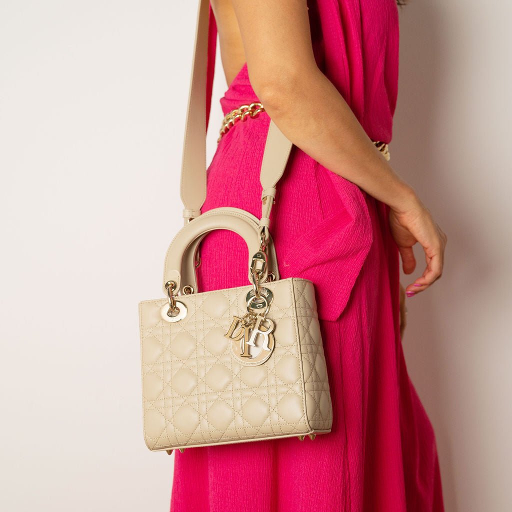 Second hand Dior Lady Dior Small Lambskin Leather My ABCDior Cannage Tote Handbag Beige - Tabita Bags