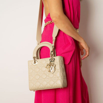 Second hand Dior Lady Dior Small Lambskin Leather My ABCDior Cannage Tote Handbag Beige - Tabita Bags