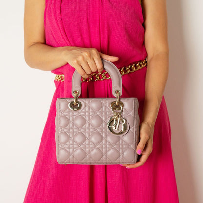 Second hand Dior Lady Dior Small Lambskin Leather My ABCDior Cannage Tote Handbag Dust Pink - Tabita Bags