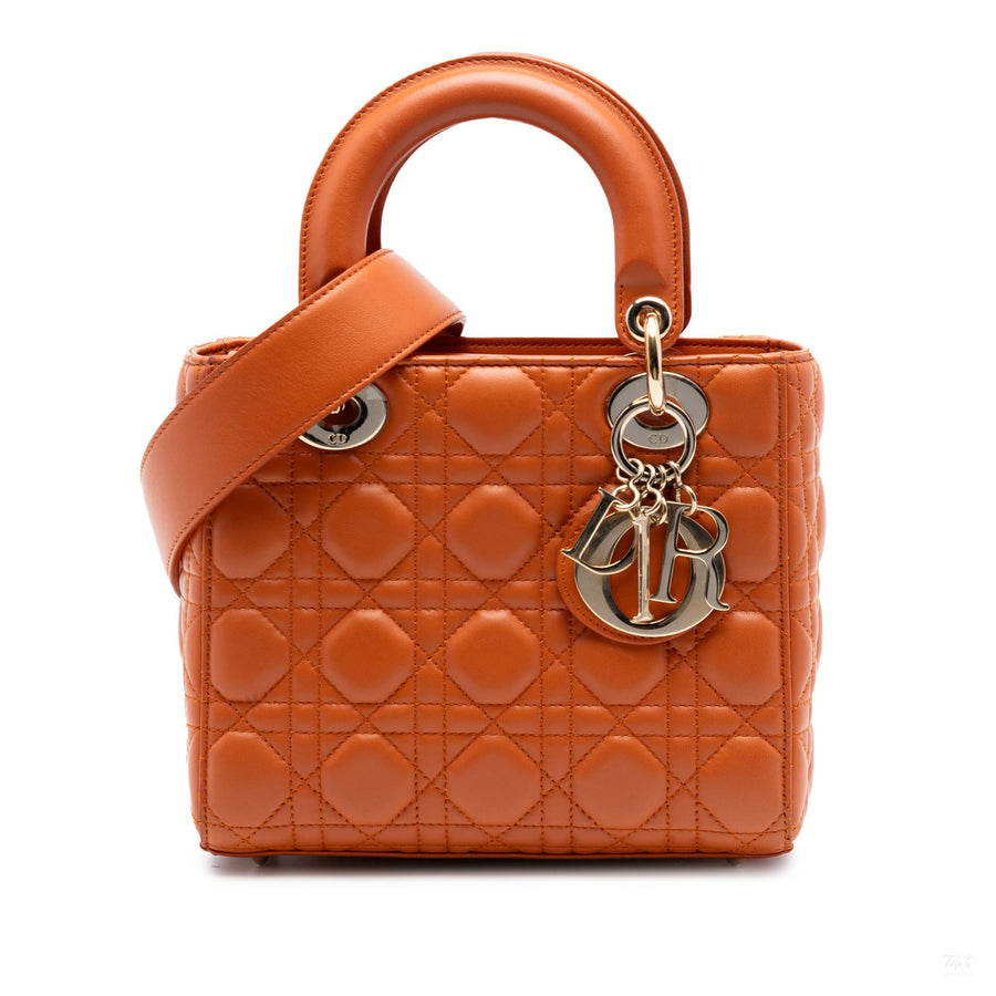 Second hand Dior Lady Dior Small Lambskin Leather My ABCDior Cannage Tote Handbag Orange - Tabita Bags