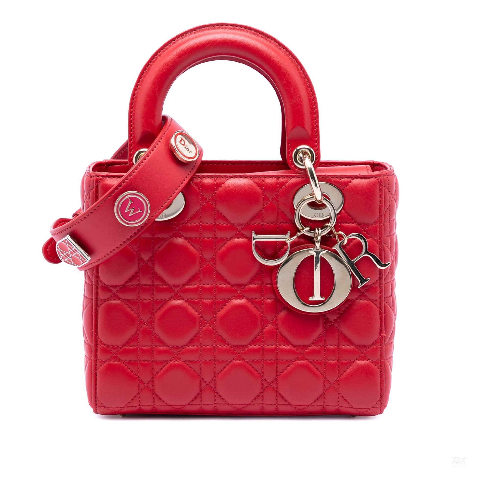 Second hand Dior Lady Dior Small Lambskin Leather My ABCDior Cannage Tote Handbag Red - Tabita Bags
