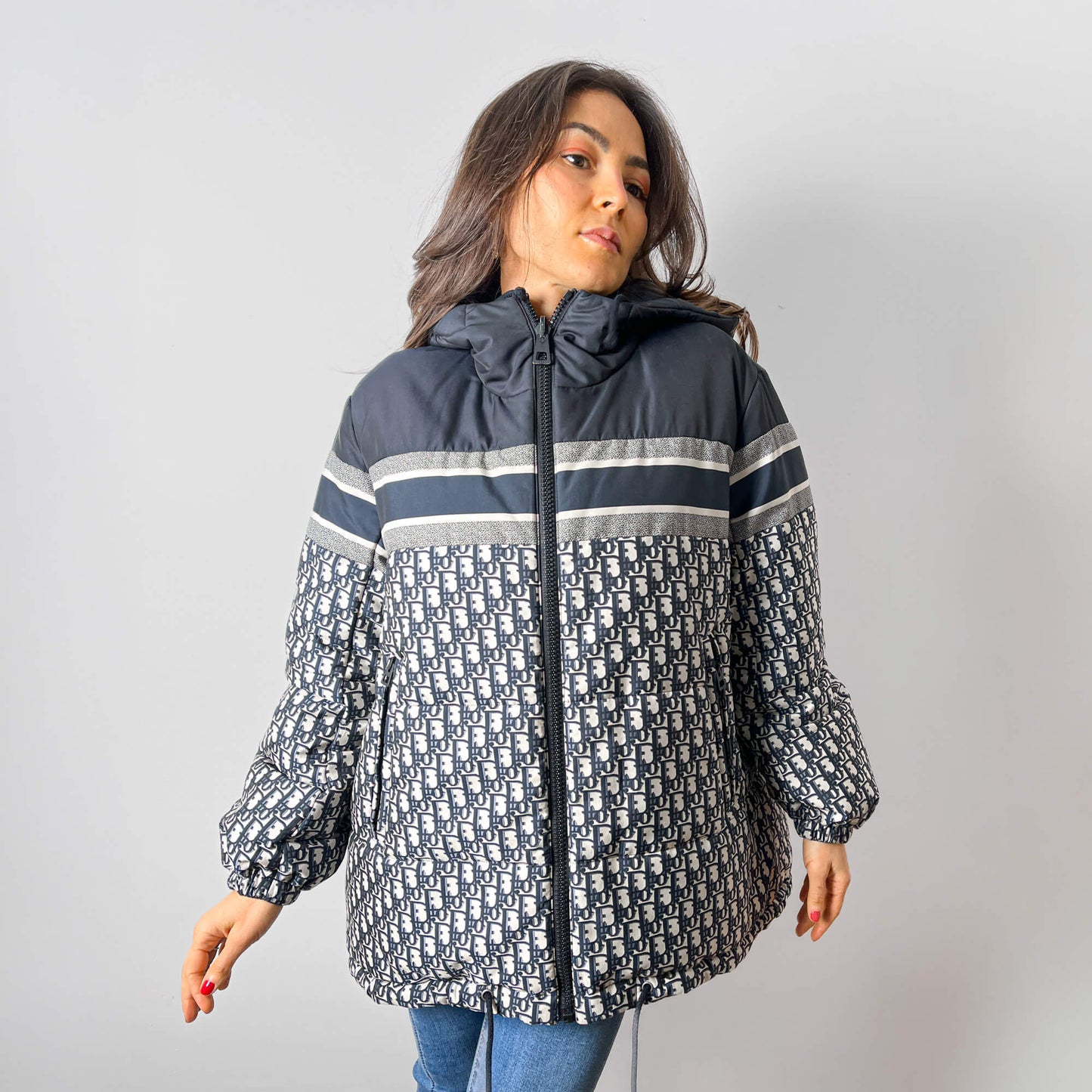 Second hand Dior Quilted Jacket Long Polyester Reversible Oblique Ready to Wear S Blue - Tabita Bags