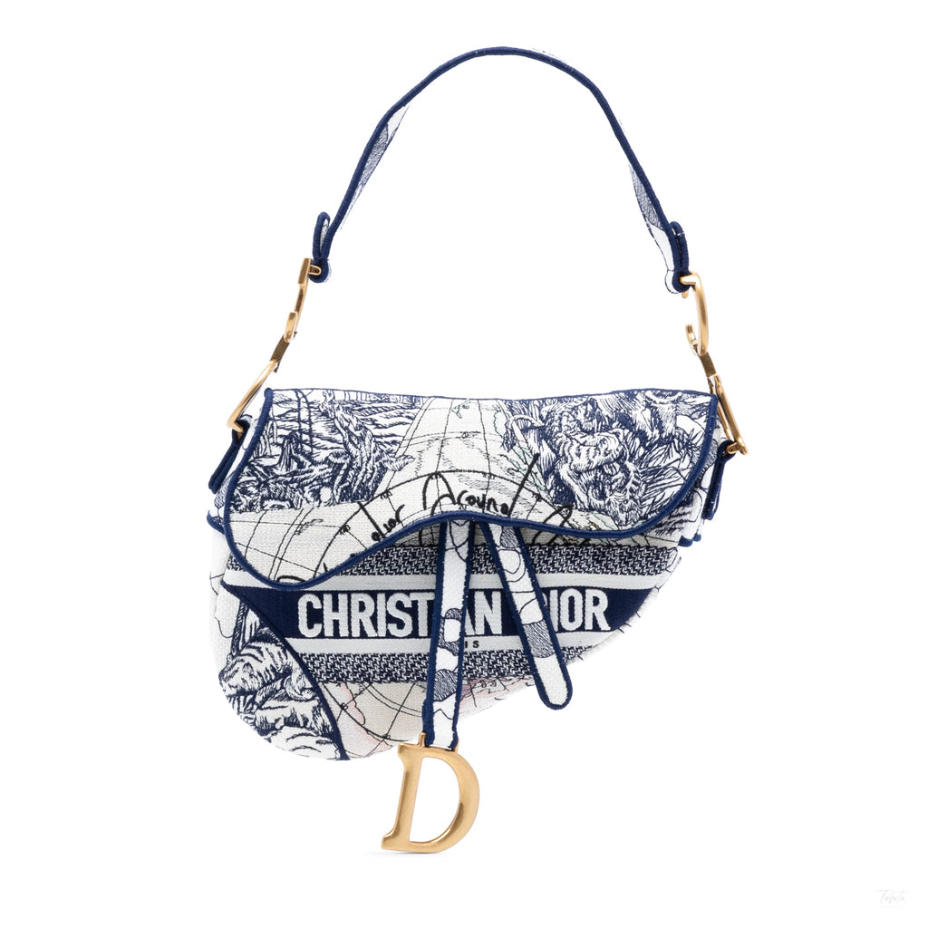 Second hand Dior Saddle Canvas No Strap Handbag Around the World Blue - Tabita Bags