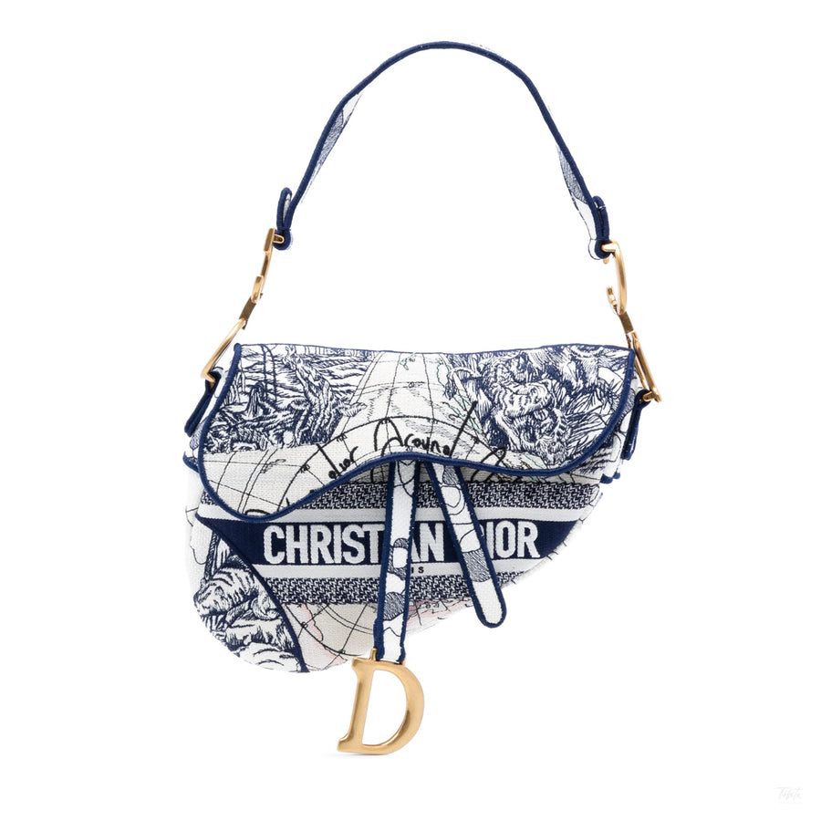 Second hand Dior Saddle Canvas No Strap Handbag Around the World Blue - Tabita Bags
