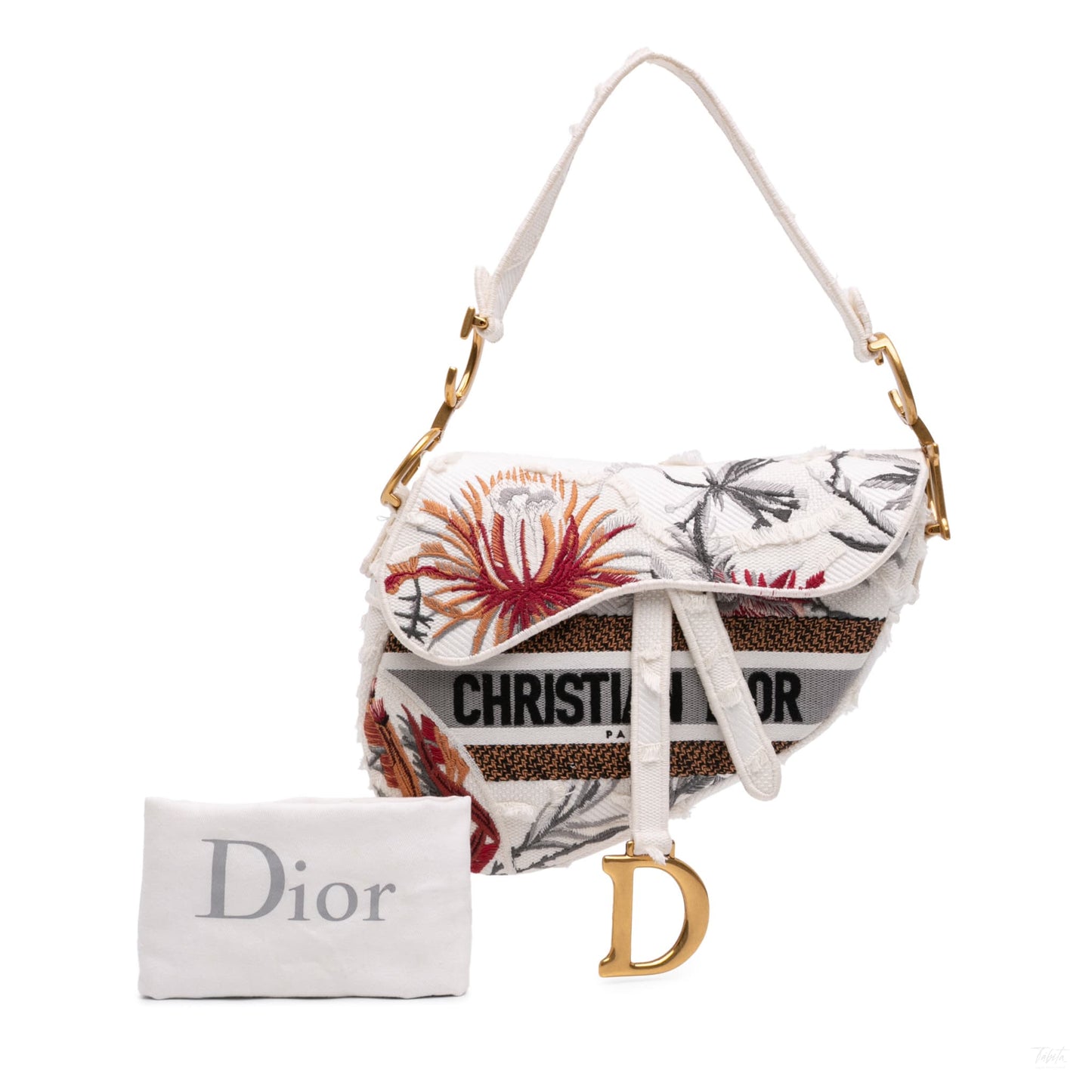 Second hand Dior Saddle Canvas No Strap Handbag Embroidered Camouflage Flowers White - Tabita Bags