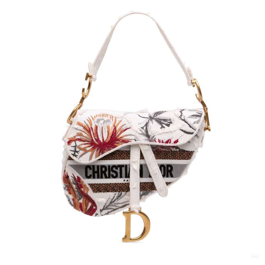 Second hand Dior Saddle Canvas No Strap Handbag Embroidered Camouflage Flowers White - Tabita Bags