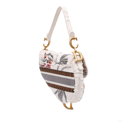 Second hand Dior Saddle Canvas No Strap Handbag Embroidered Camouflage Flowers White - Tabita Bags