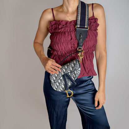 Second hand Dior Saddle Mini Canvas Embroidery Shoulder Bag Blue - Tabita Bags