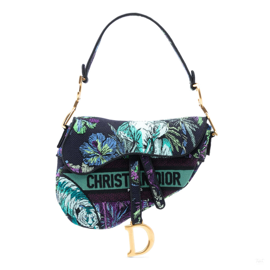 Second hand Dior Saddle Mini Canvas Embroidery Shoulder Bag Blue - Tabita Bags