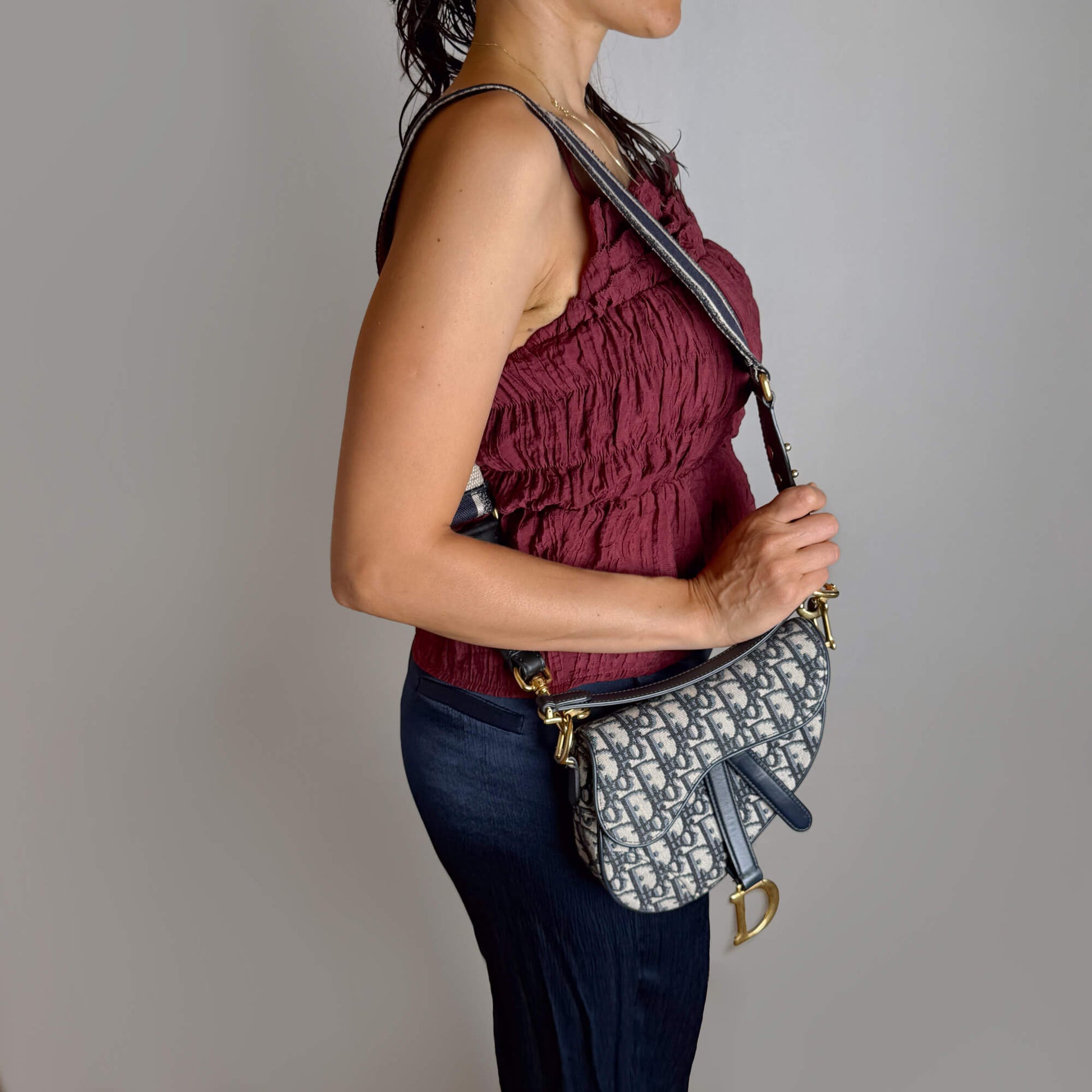 Second hand Dior Saddle Mini Canvas Embroidery Shoulder Bag Blue - Tabita Bags