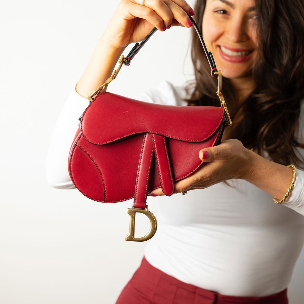Second hand Dior Saddle Mini Ultrasmooth Calfskin Leather No Strap Handbag Cherry Red - Tabita Bags