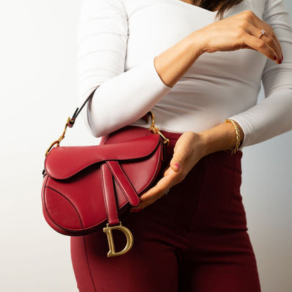 Second hand Dior Saddle Mini Ultrasmooth Calfskin Leather No Strap Handbag Cherry Red - Tabita Bags