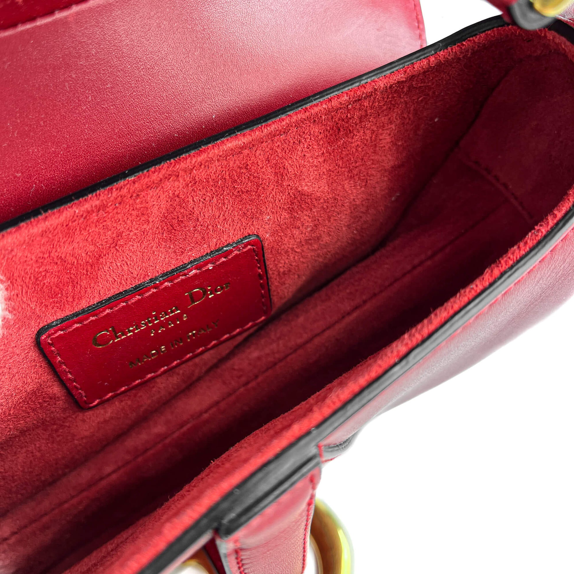 Second hand Dior Saddle Mini Ultrasmooth Calfskin Leather No Strap Handbag Cherry Red - Tabita Bags