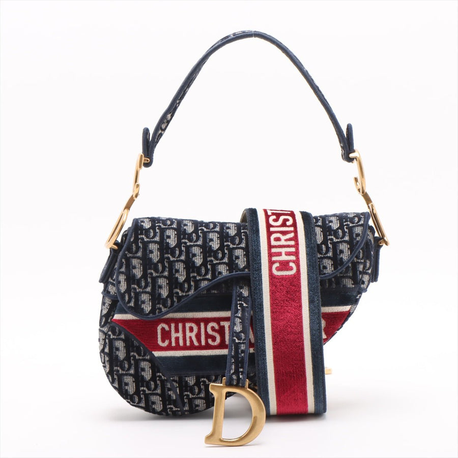 Second hand Dior Saddle Velour Oblique 2-Way Handbag Blue - Tabita Bags