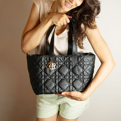 Second hand Dior Toujours Medium Calfskin Leather Macrocannage Pouch Tote Handbag Black - Tabita Bags