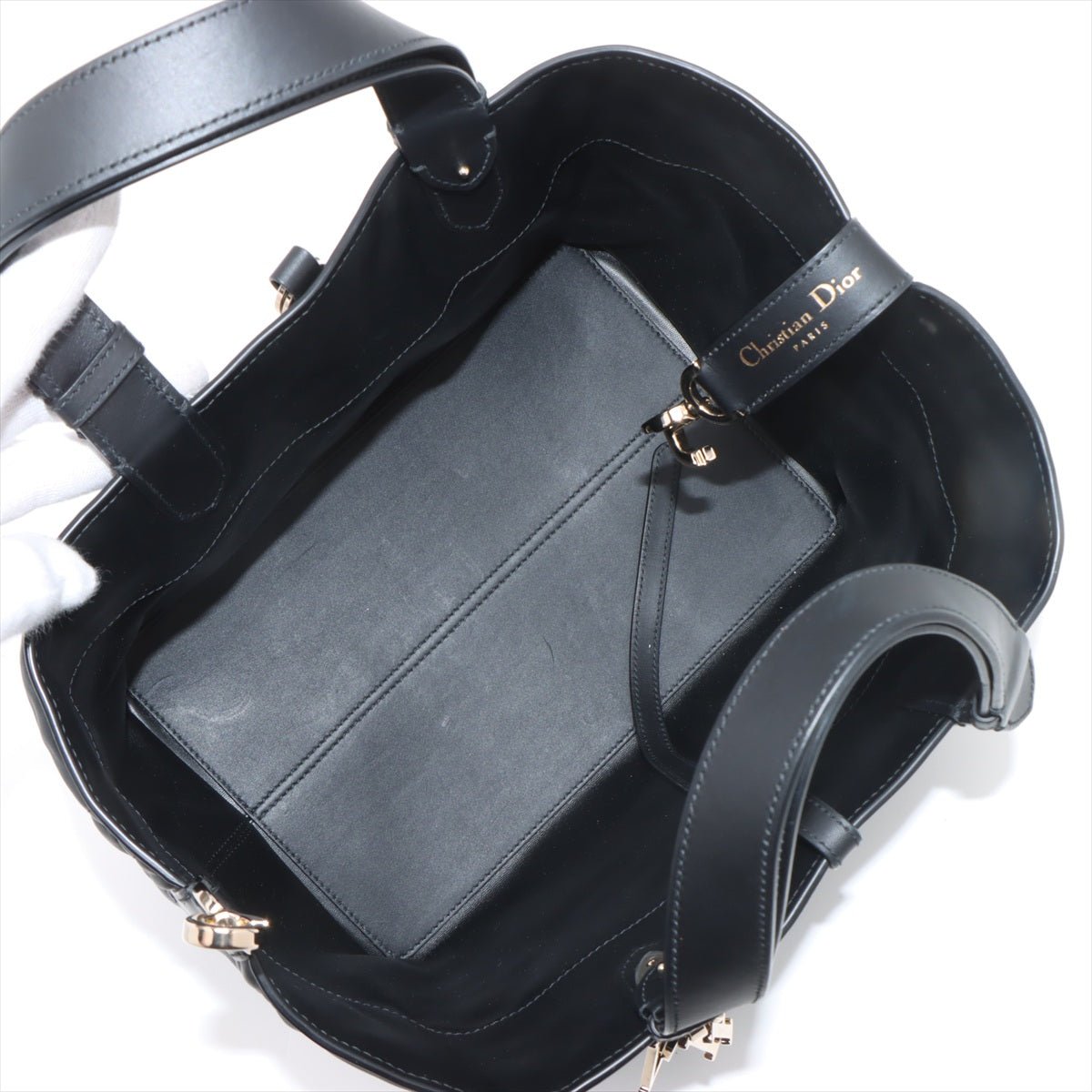 Second hand Dior Toujours Medium Calfskin Leather Macrocannage Pouch Tote Handbag Black - Tabita Bags