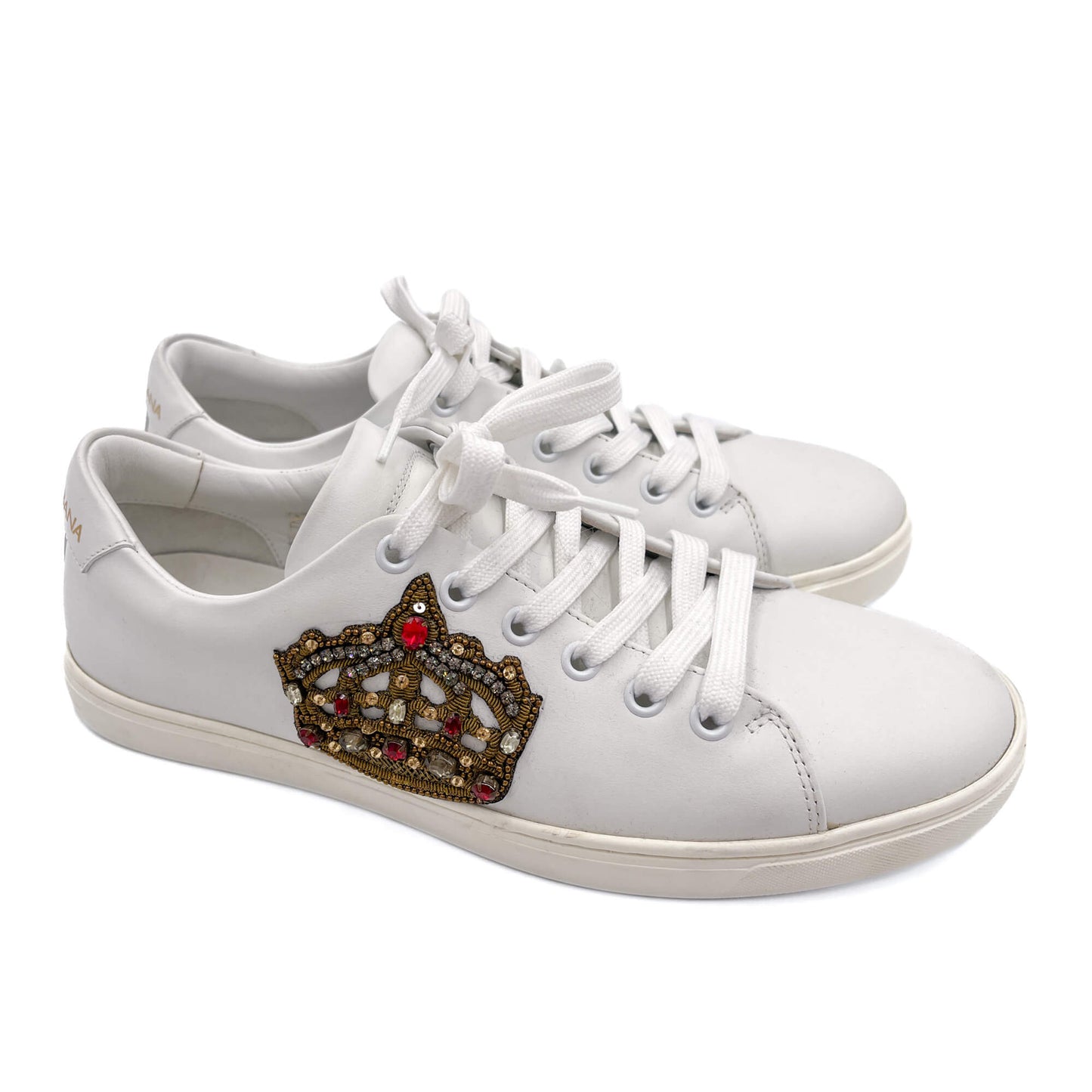 Second hand Dolce e Gabbana Portofino Crown Embellishment Leather Sneakers White - Tabita Bags