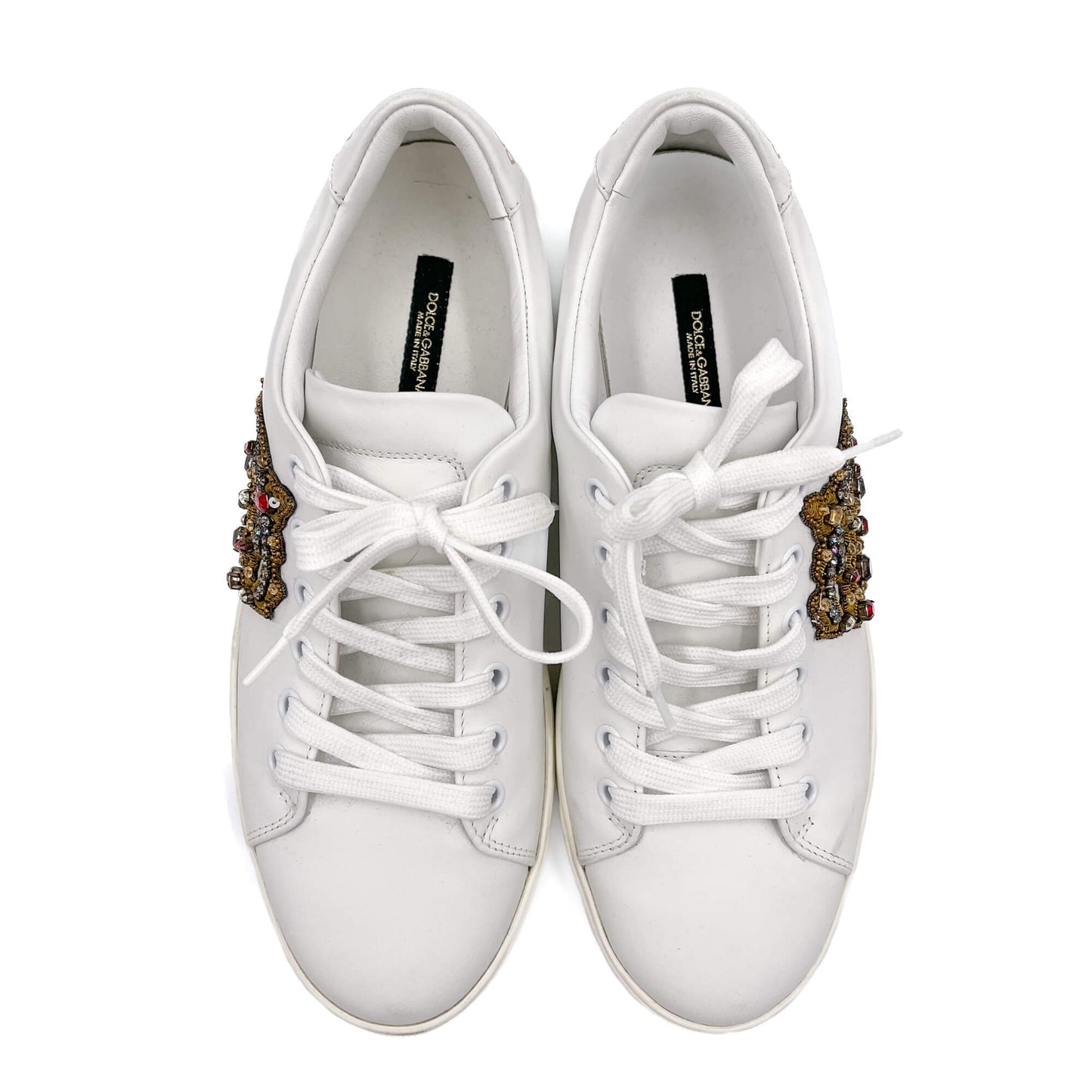 Second hand Dolce e Gabbana Portofino Crown Embellishment Leather Sneakers White - Tabita Bags