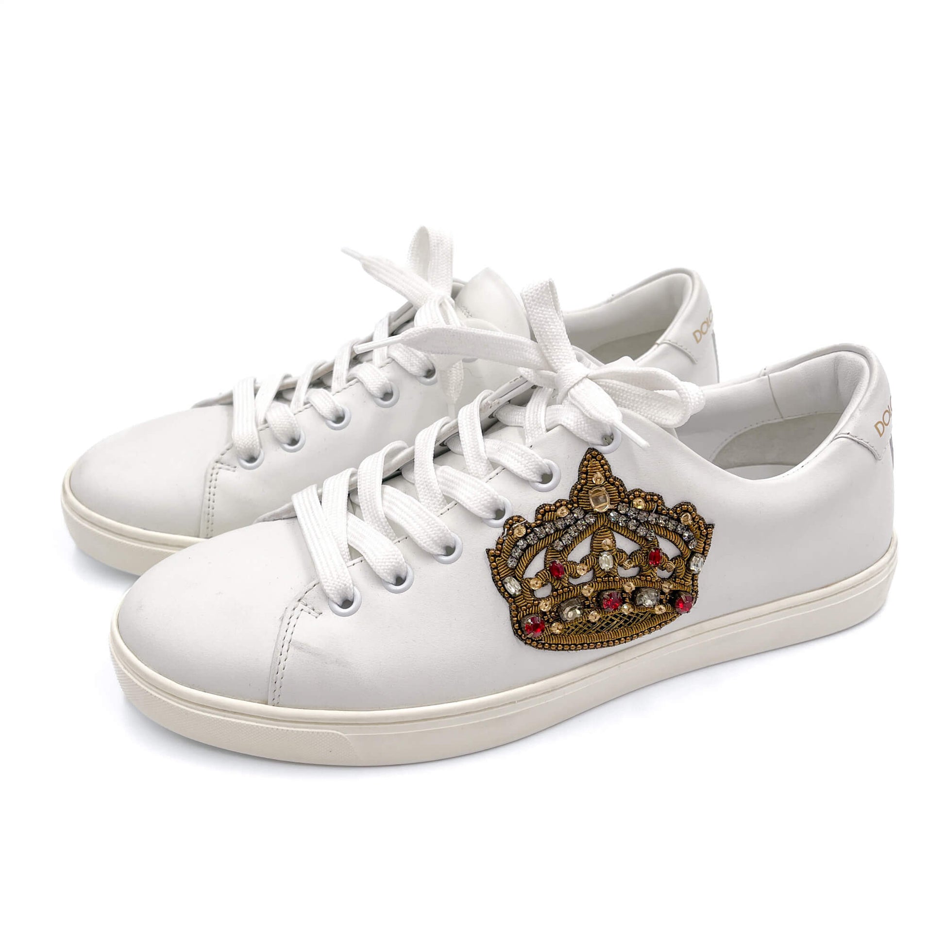 Second hand Dolce e Gabbana Portofino Crown Embellishment Leather Sneakers White - Tabita Bags