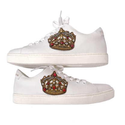 Second hand Dolce e Gabbana Portofino Crown Embellishment Leather Sneakers White - Tabita Bags