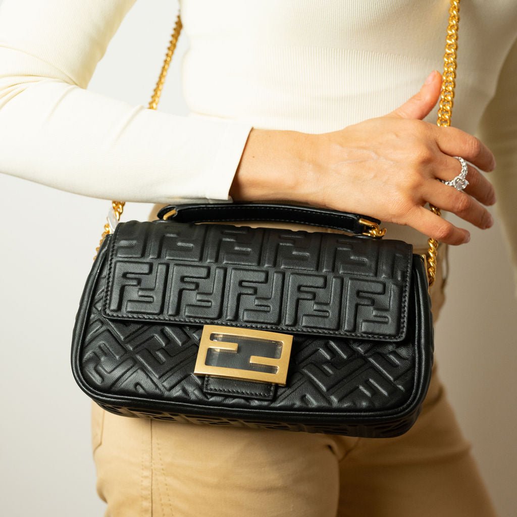 Second hand Fendi Baguette Midi Nappa Leather Black Chain Bag - Tabita Bags