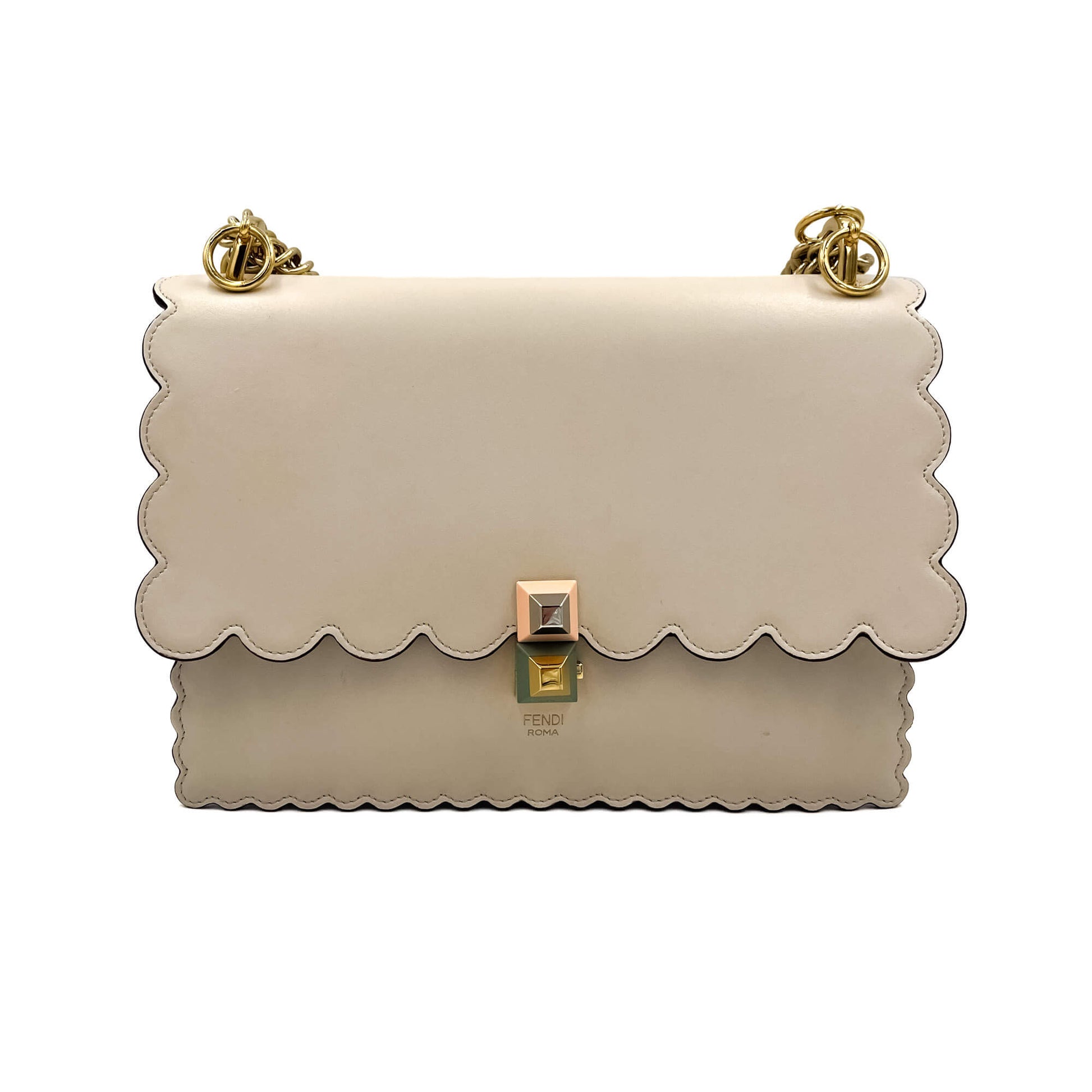 Second hand Fendi Kan I CalfSkin Leather Top-handle Bag Beige - Tabita Bags