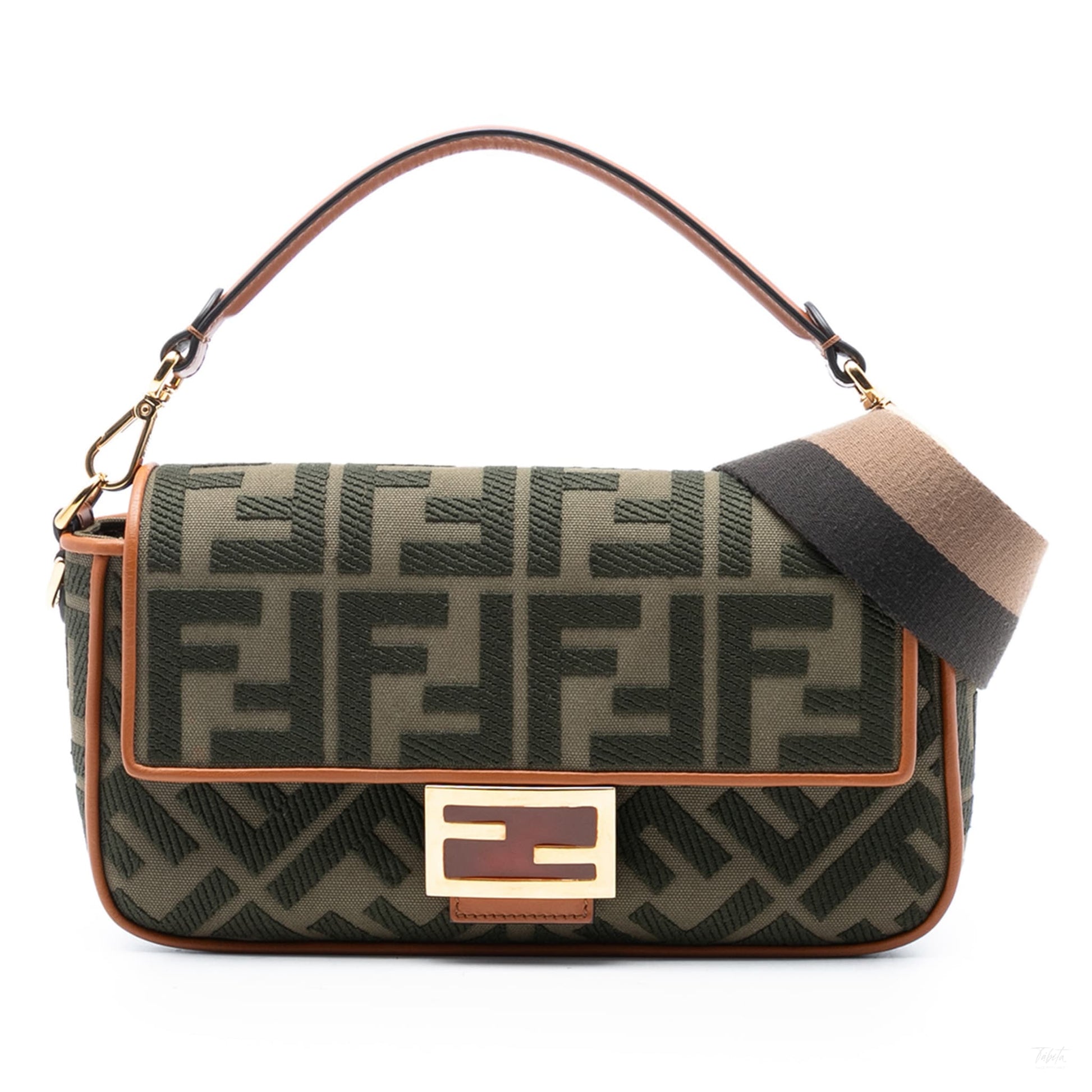 Second hand Fendi Zucca Medium Canvas Baguette Handbag Green - Tabita Bags