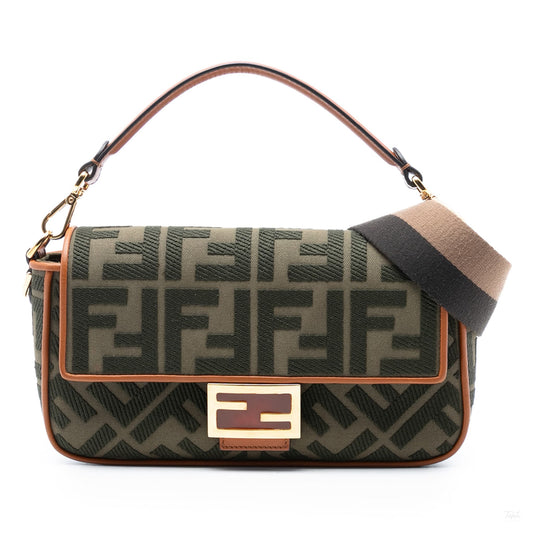 Second hand Fendi Zucca Medium Canvas Baguette Handbag Green - Tabita Bags