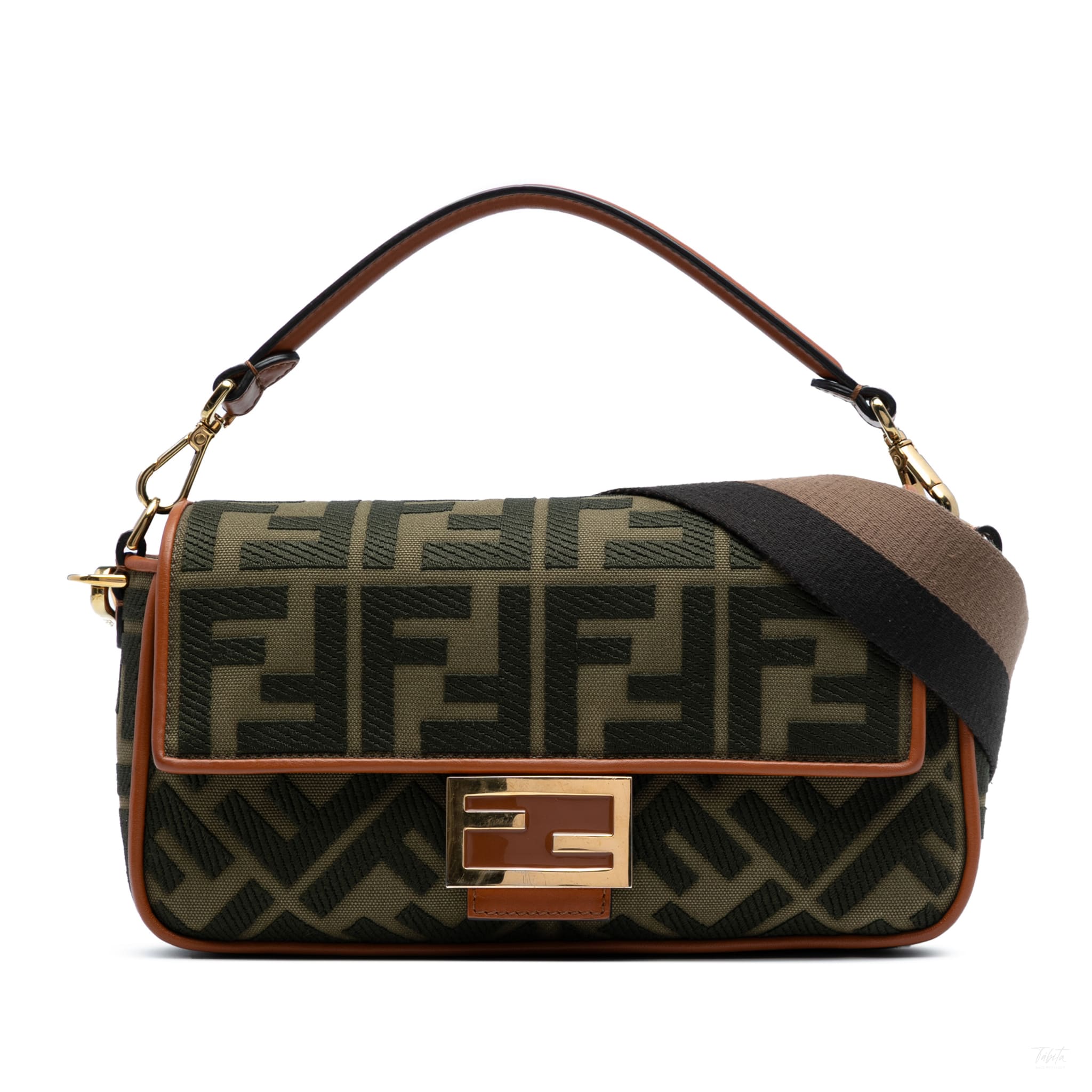 Fendi Zucca Medium Canvas Baguette Handbag Green - Tabita Bags