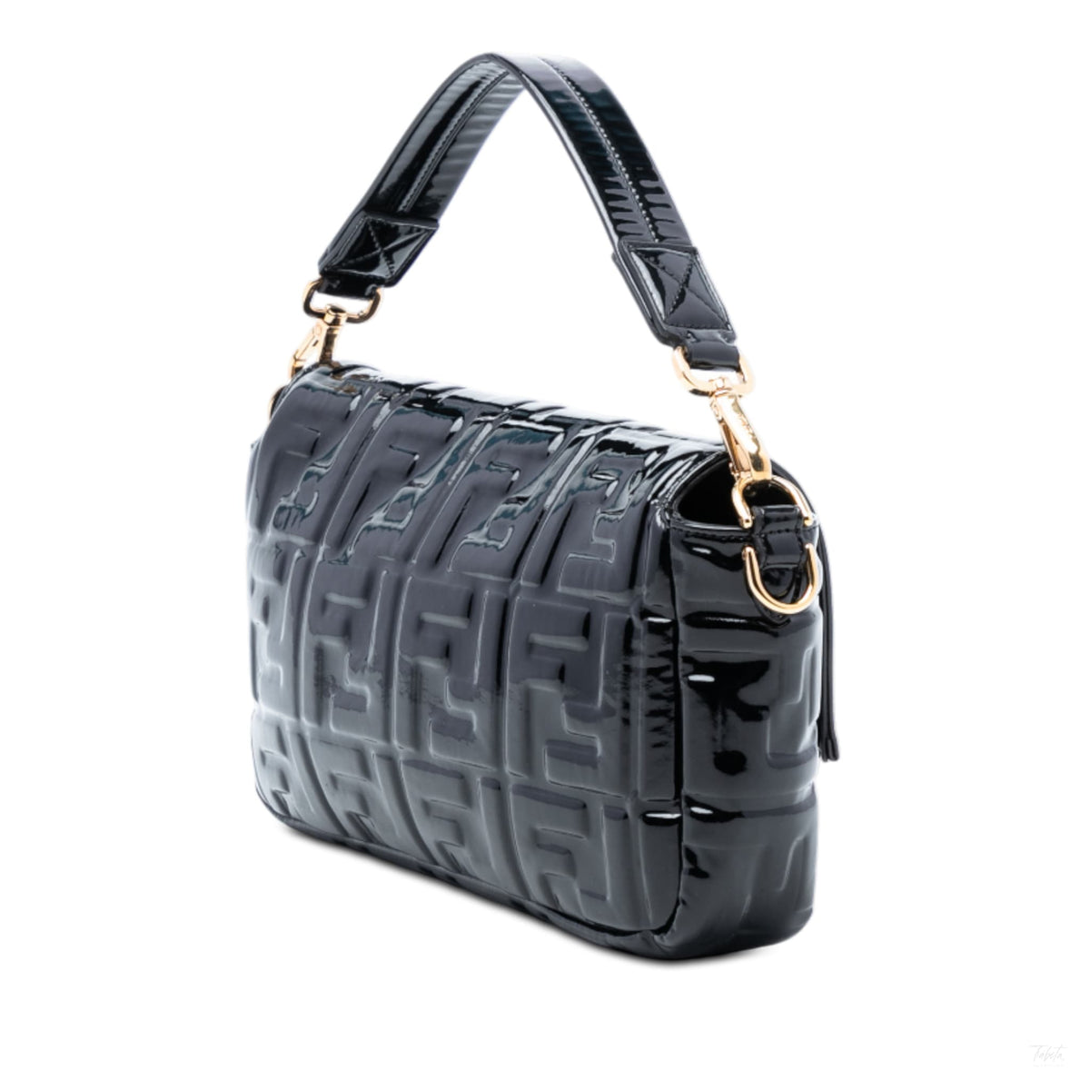 Second hand Fendi Zucca Medium Embossed Patent Leather Baguette Shoulder Bag Black - Tabita Bags