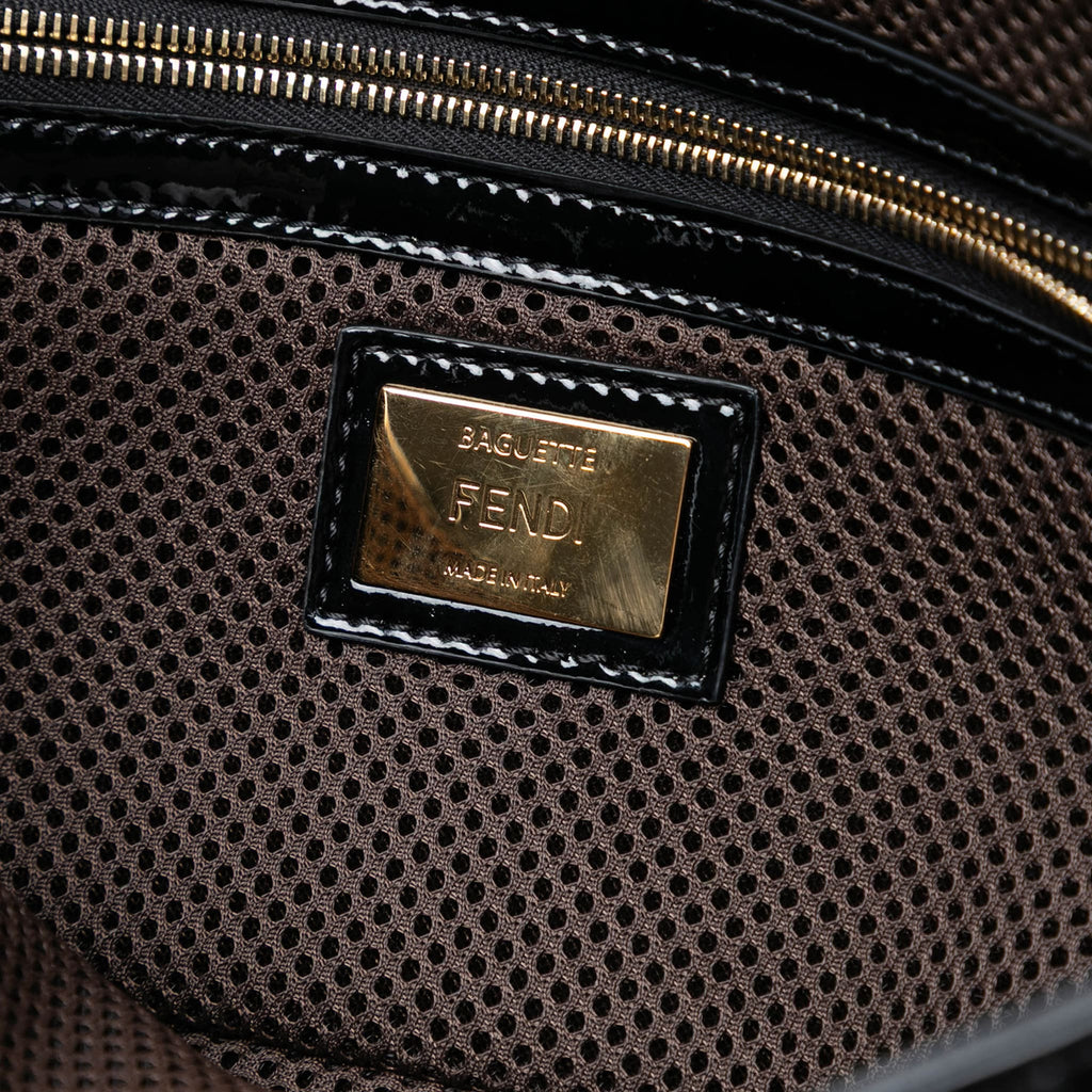 Second hand Fendi Zucca Medium Embossed Patent Leather Baguette Shoulder Bag Black - Tabita Bags