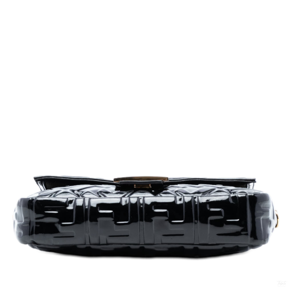 Second hand Fendi Zucca Medium Embossed Patent Leather Baguette Shoulder Bag Black - Tabita Bags