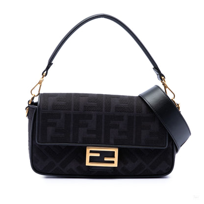 Second hand Fendi Zucca Medium Embroidered Canvas Baguette Shoulder Bag Black - Tabita Bags