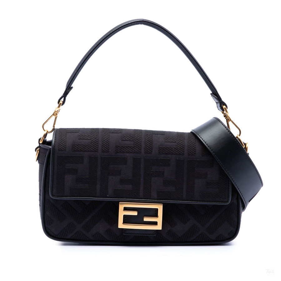 Second hand Fendi Zucca Medium Embroidered Canvas Baguette Shoulder Bag Black - Tabita Bags
