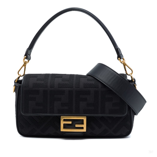 Second hand Fendi Zucca Medium Embroidered Canvas Baguette Shoulder Bag Black - Tabita Bags