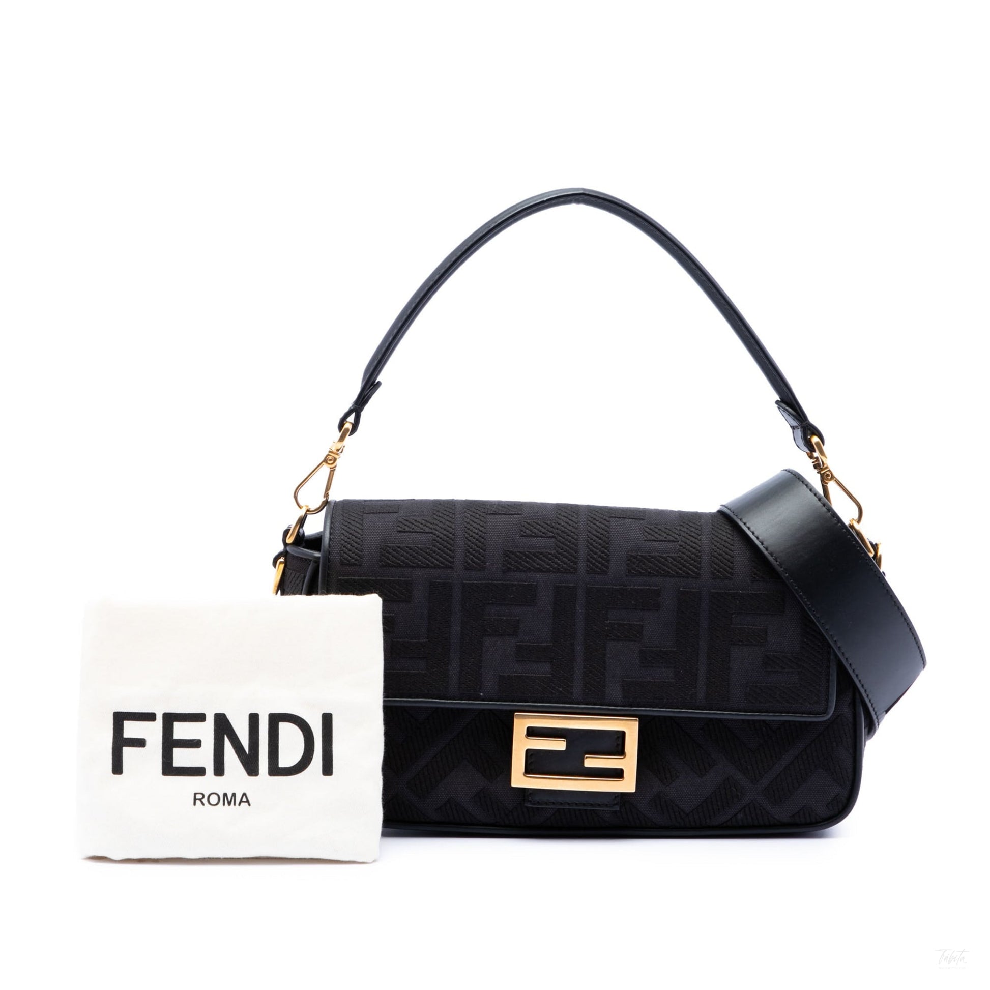 Second hand Fendi Zucca Medium Embroidered Canvas Baguette Shoulder Bag Black - Tabita Bags