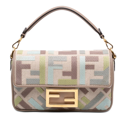 Second hand Fendi Zucca Mini Embroidered Canvas Baguette Shoulder Bag Beige - Tabita Bags