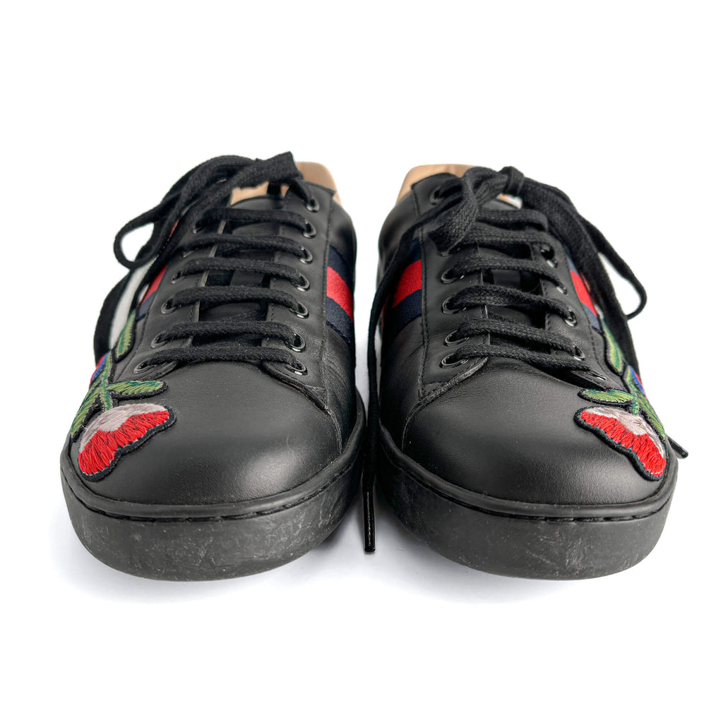 Second hand Gucci Ace Floral Embroidered Striped Leather Sneakers 40 Black - Tabita Bags