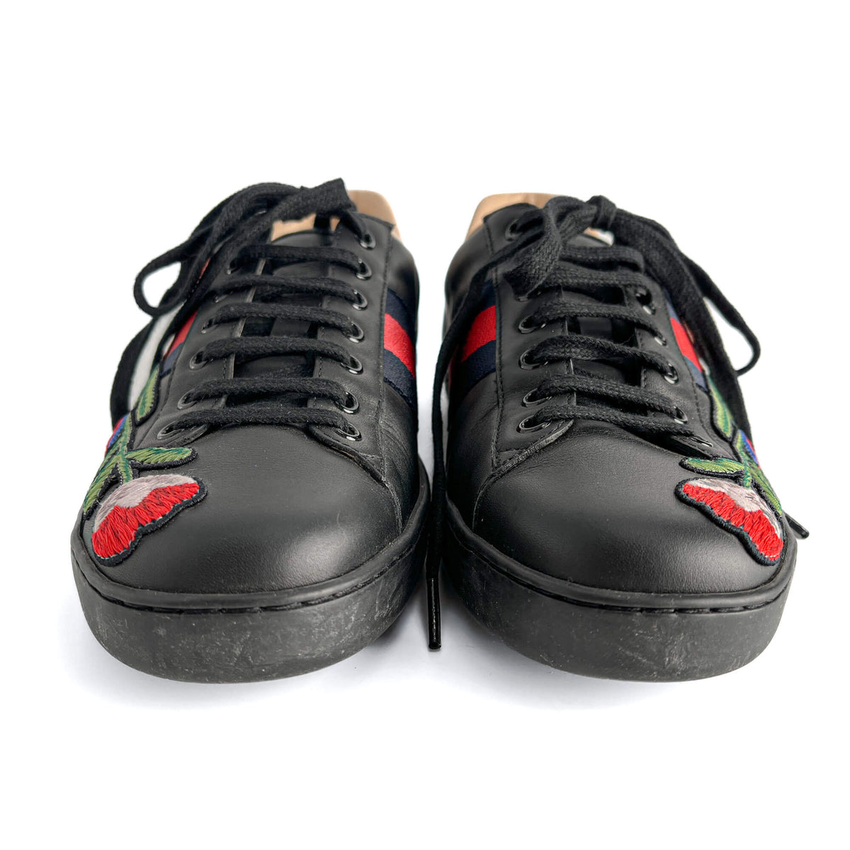 Second hand Gucci Ace Floral Embroidered Striped Leather Sneakers 40 Black - Tabita Bags