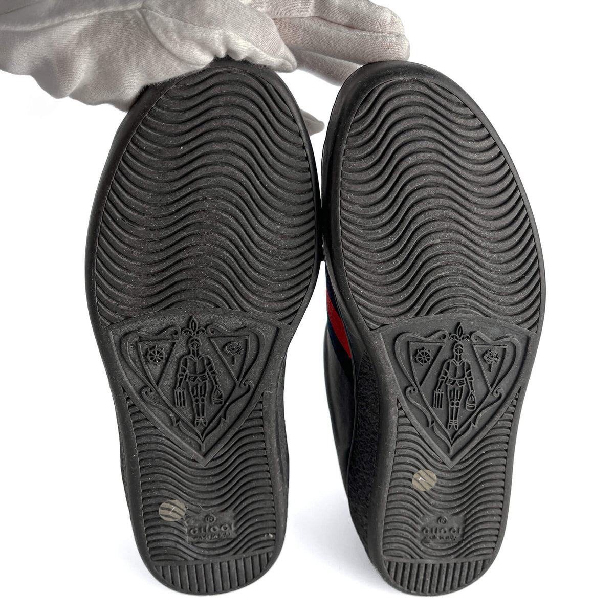 Second hand Gucci Ace Floral Embroidered Striped Leather Sneakers 40 Black - Tabita Bags