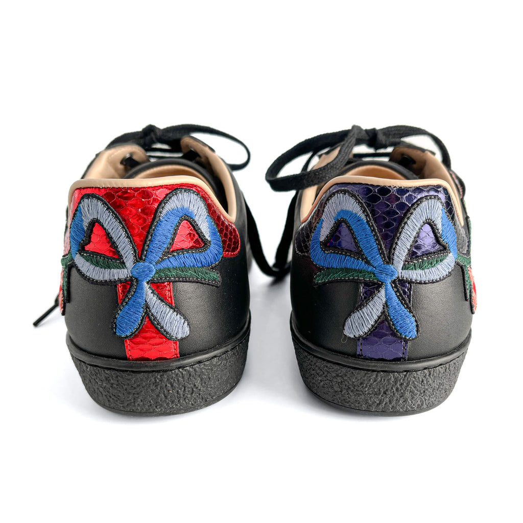 Second hand Gucci Ace Floral Embroidered Striped Leather Sneakers 40 Black - Tabita Bags