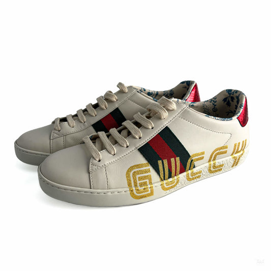 Second hand Gucci Ace Maxi logo Leather Striped Sneakers 37.5 White - Tabita Bags