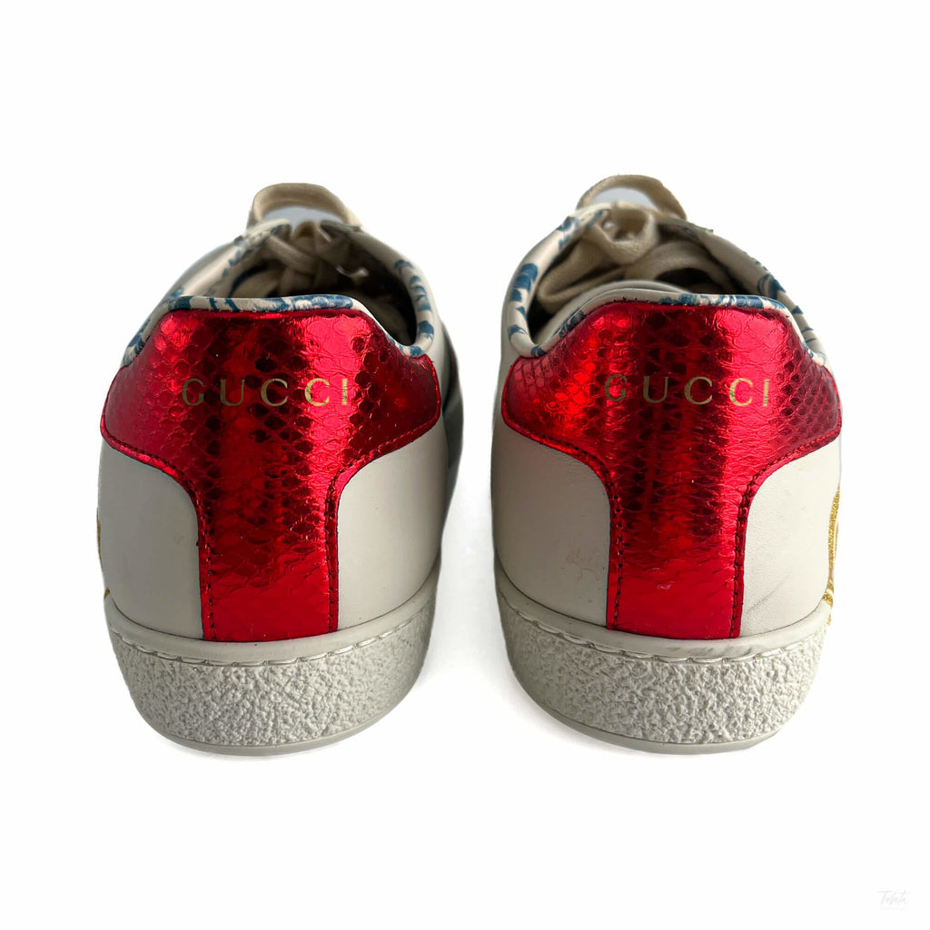 Second hand Gucci Ace Maxi logo Leather Striped Sneakers 37.5 White - Tabita Bags