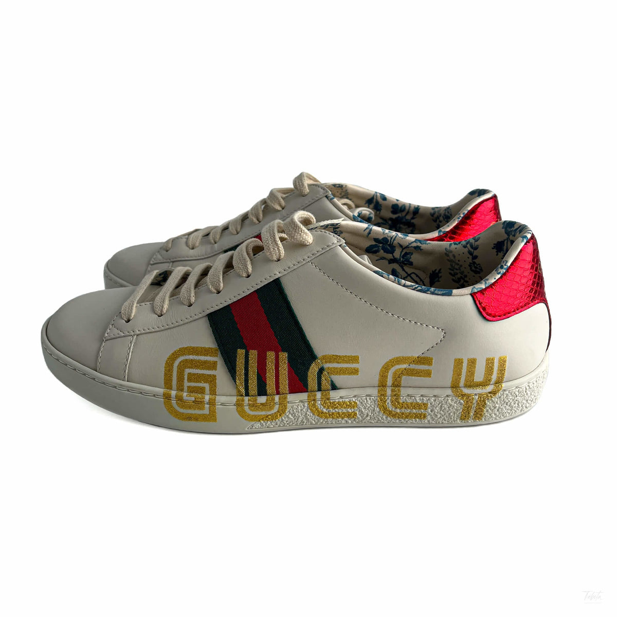 Second hand Gucci Ace Maxi logo Leather Striped Sneakers 37.5 White - Tabita Bags