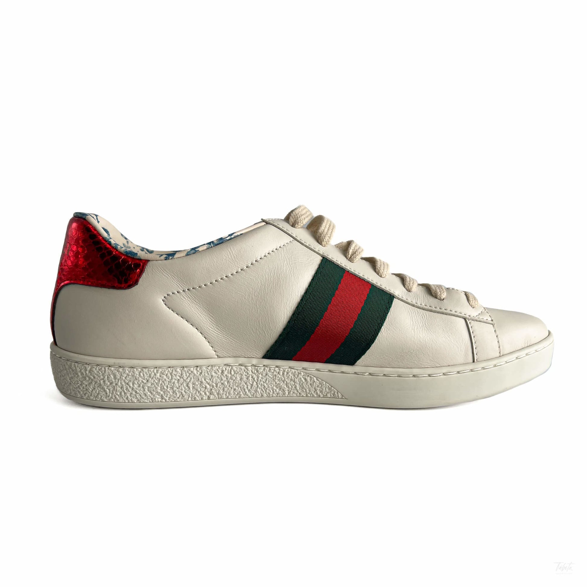 Second hand Gucci Ace Maxi logo Leather Striped Sneakers 37.5 White - Tabita Bags